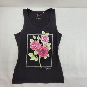 GUESS Tank Top Women's Small Black Roses Graphics Cotton Dark